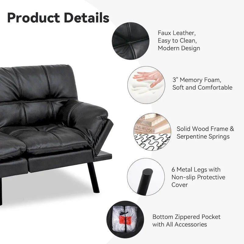 Divano Letto Futon Convertibile Grigio / Marrone / Nero con Braccioli Regolabili, 2 Posti