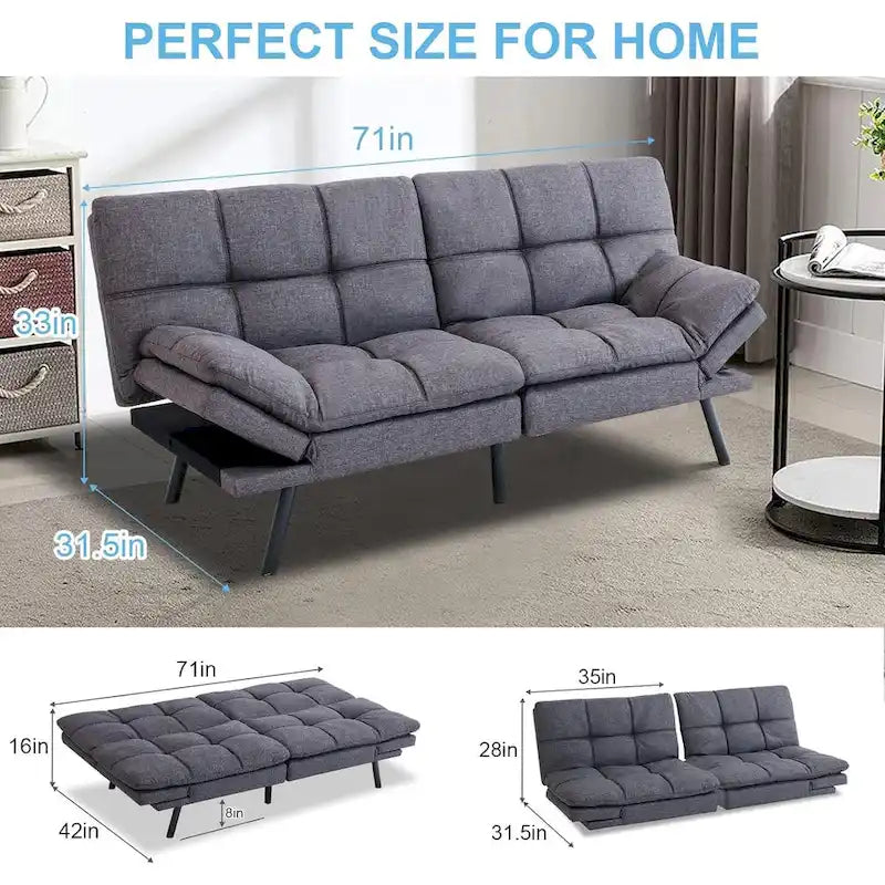 Divano Letto Futon Convertibile Grigio / Marrone / Nero con Braccioli Regolabili, 2 Posti