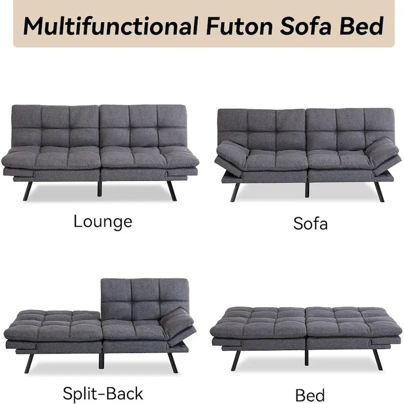 Divano Letto Futon Convertibile Grigio / Marrone / Nero con Braccioli Regolabili, 2 Posti
