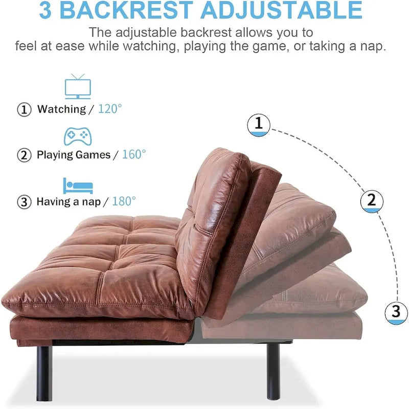Divano Letto Futon Convertibile Grigio / Marrone / Nero con Braccioli Regolabili, 2 Posti