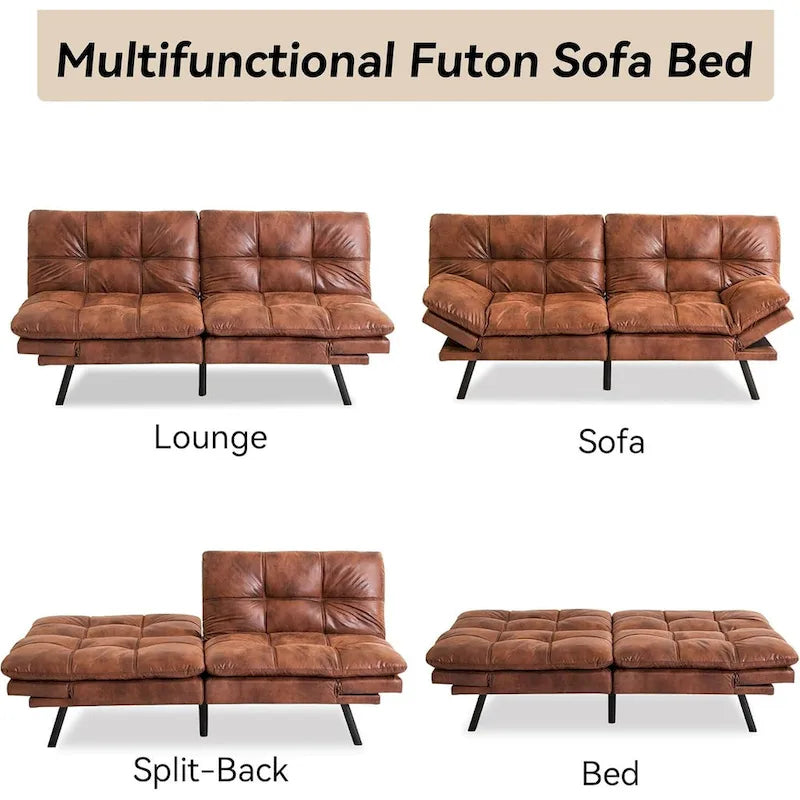 Divano Letto Futon Convertibile Grigio / Marrone / Nero con Braccioli Regolabili, 2 Posti