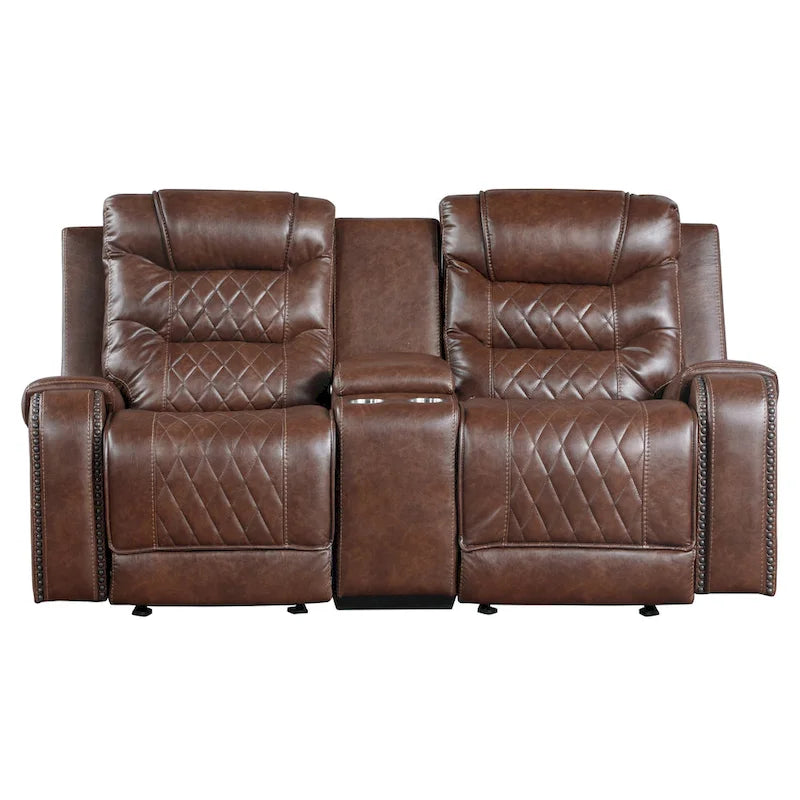 Divanetto reclinabile a 2 posti marrone in similpelle con funzione scorrevole, con porta bicchieri