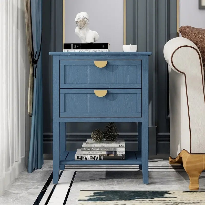 Tavolino da Divano / Comodino a 2 Cassetti Grigio Chiaro / Blu, Stile Americano