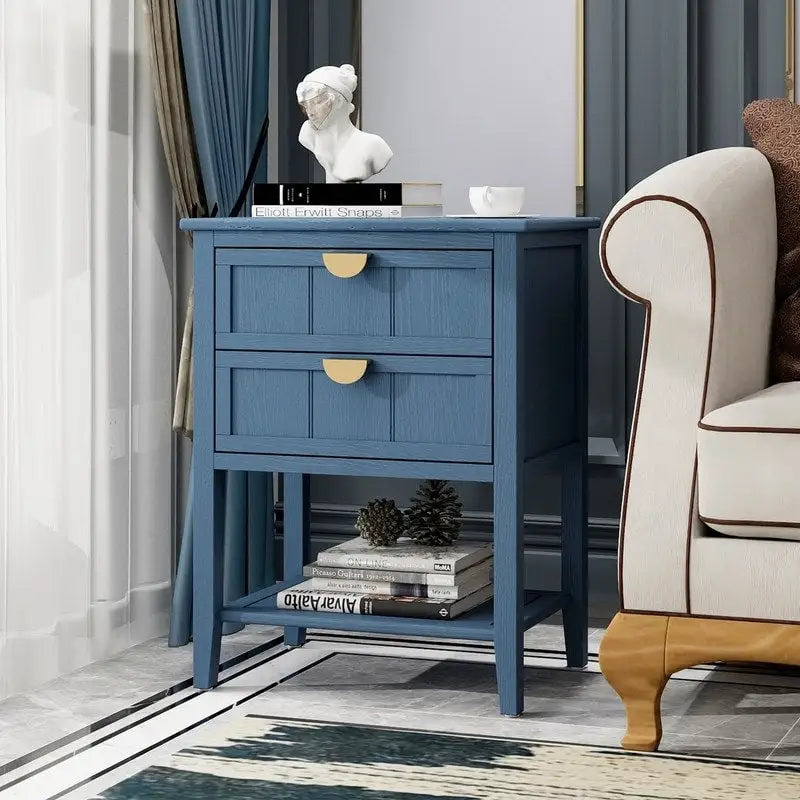 Tavolino da Divano / Comodino a 2 Cassetti Grigio Chiaro / Blu, Stile Americano