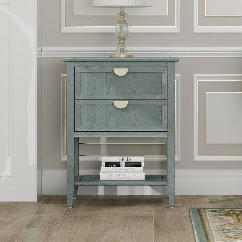Tavolino da Divano / Comodino a 2 Cassetti Grigio Chiaro / Blu, Stile Americano
