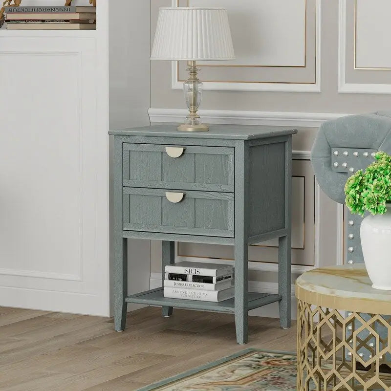 Tavolino da Divano / Comodino a 2 Cassetti Grigio Chiaro / Blu, Stile Americano