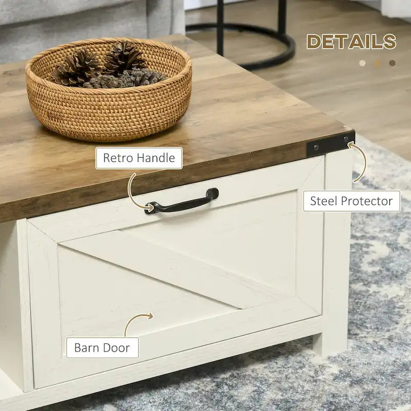 Tavolino da salotto rustico bianco e noce scuro con cassetto e ripiano, 1 pezzo