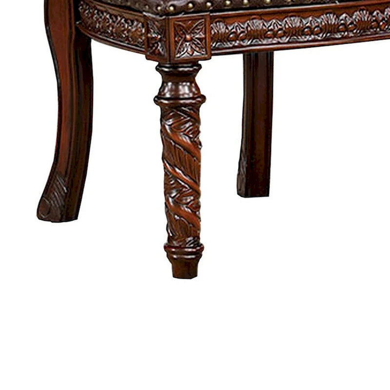 Sedia da pranzo intagliata marrone, set da 2, seduta in similpelle, finitura con borchie